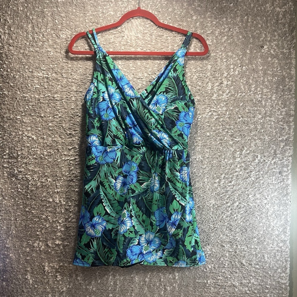 Lands End Women On Piece Swim Dress Built In Bra Lined Floral M Modest Slimming